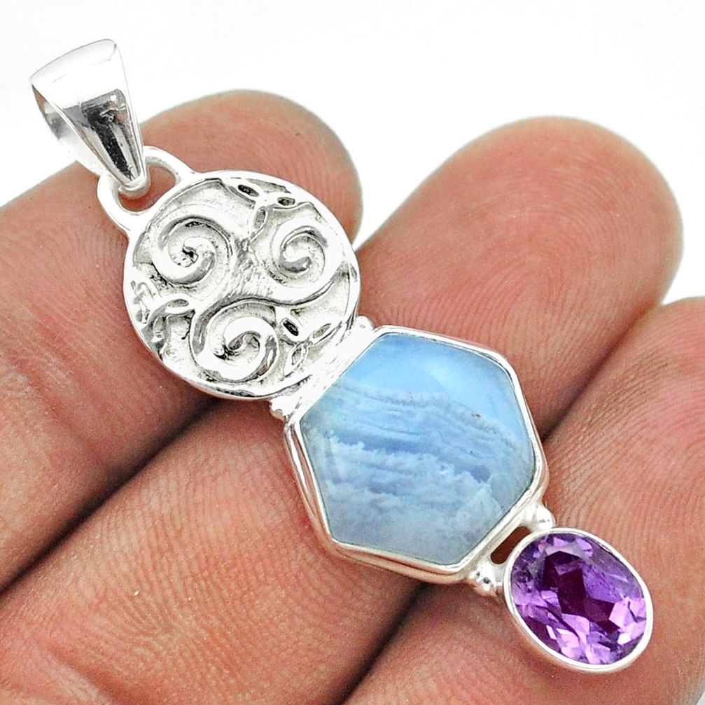 925 silver 9.42cts hexagon natural blue lace agate amethyst pendant t55445