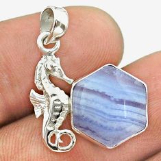 925 silver 6.61cts hexagon natural blue lace agate seahorse pendant t55260
