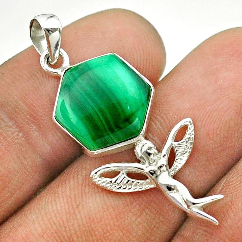 925 silver 6.22cts hexagon natural malachite angel wings fairy pendant t55320