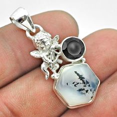 925 silver 9.04cts hexagon natural white dendrite opal onyx angel pendant t55463