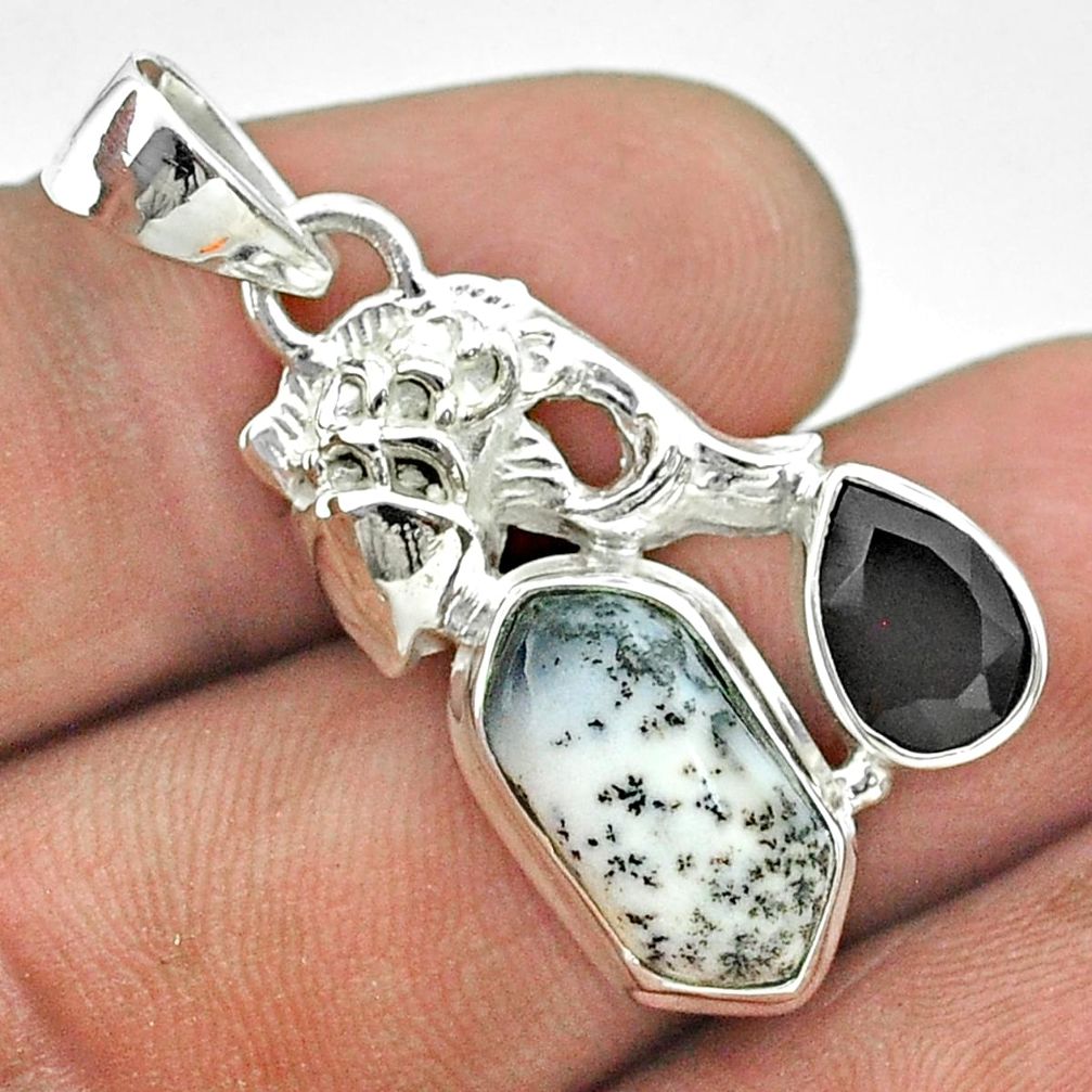 925 silver 8.40cts hexagon natural white dendrite opal onyx fish pendant t55466