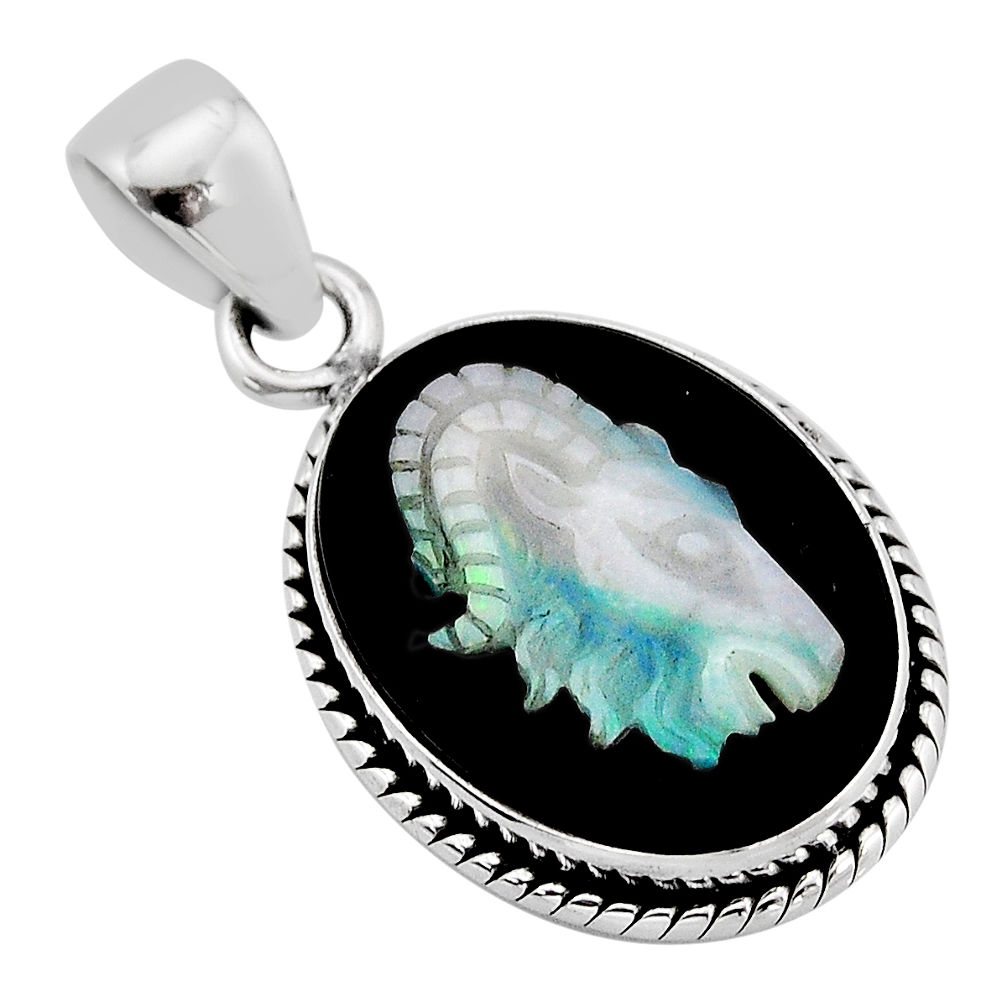 925 silver 9.94cts horse face black opal cameo on black onyx oval pendant y71474