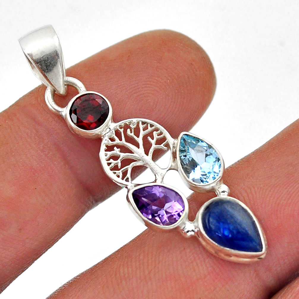 925 silver 5.67cts kyanite amethyst garnet topaz tree of life pendant n51633