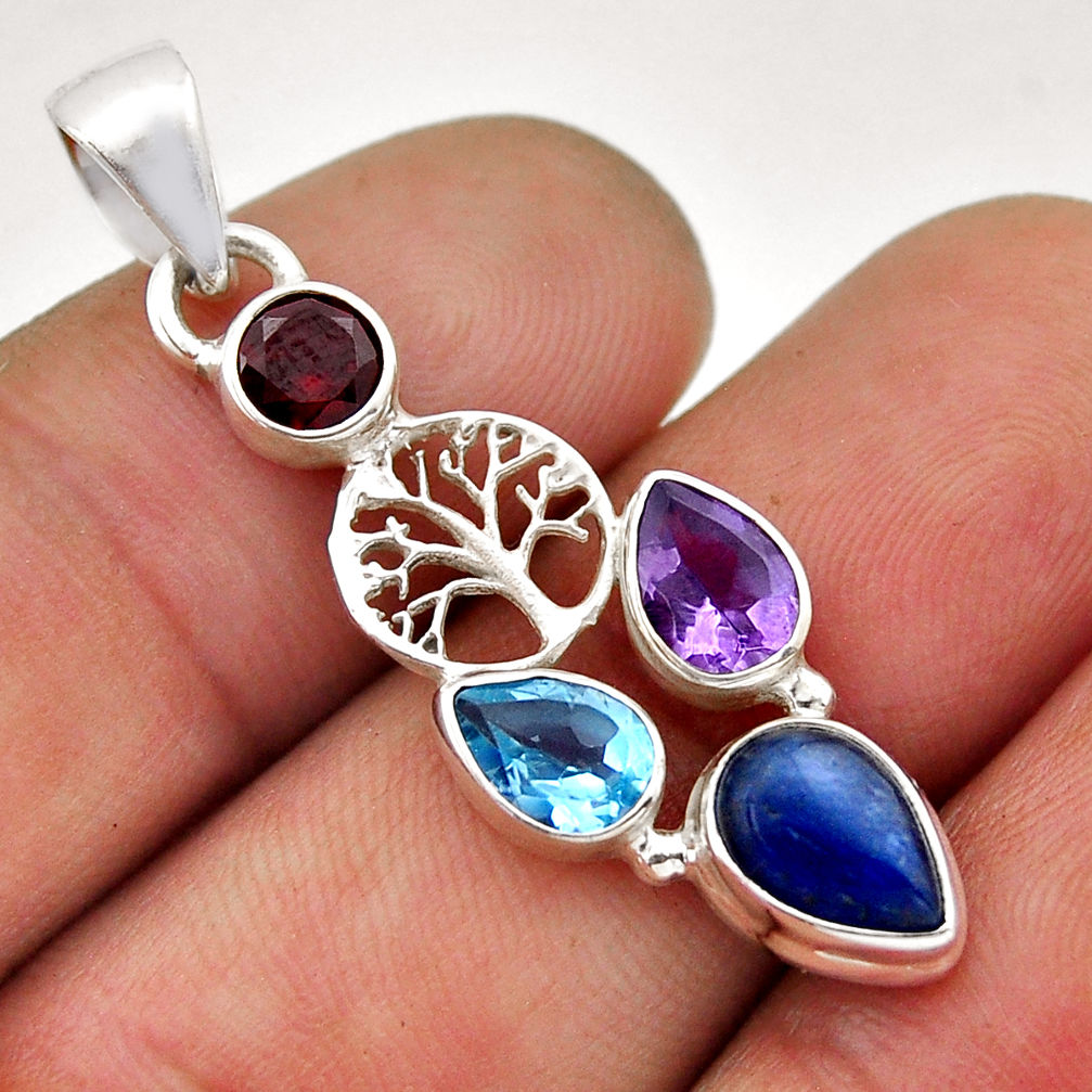 925 silver 6.04cts kyanite amethyst topaz garnet tree of life pendant n51620