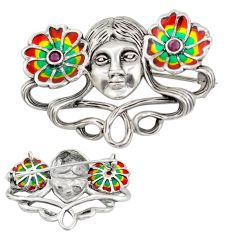 925 silver 0.99cts lady face natural red ruby green enamel brooch pendant c29499