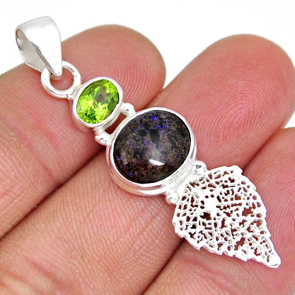 925 silver 5.43cts leaf natural black honduran matrix opal peridot pendant y7074