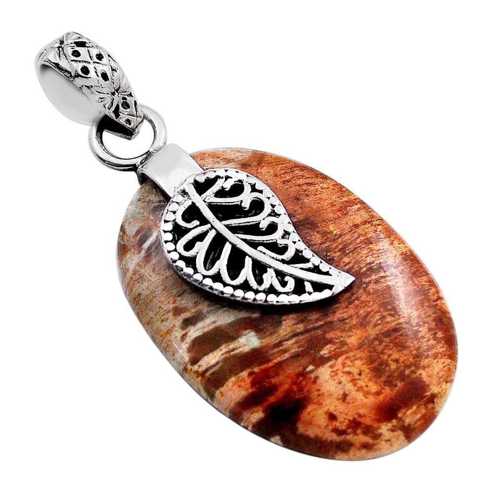 925 silver 17.49cts leaf natural brown petrified palm wood oval pendant n25472