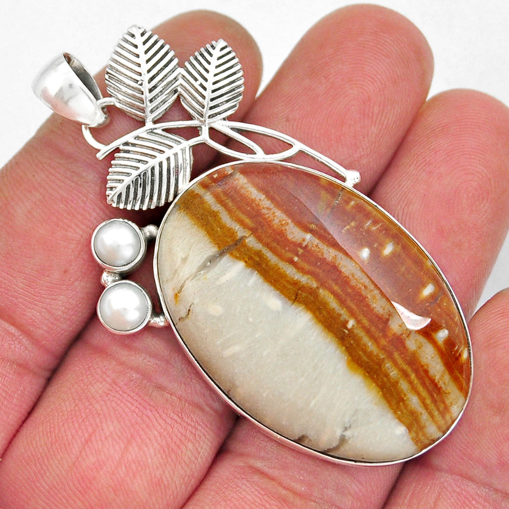 925 silver 47.15cts leaf natural brown picture jasper pearl pendant y21338