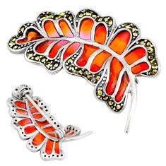 925 silver 4.03gms leaf swiss marcasite red orange enamel brooch pendant c29563