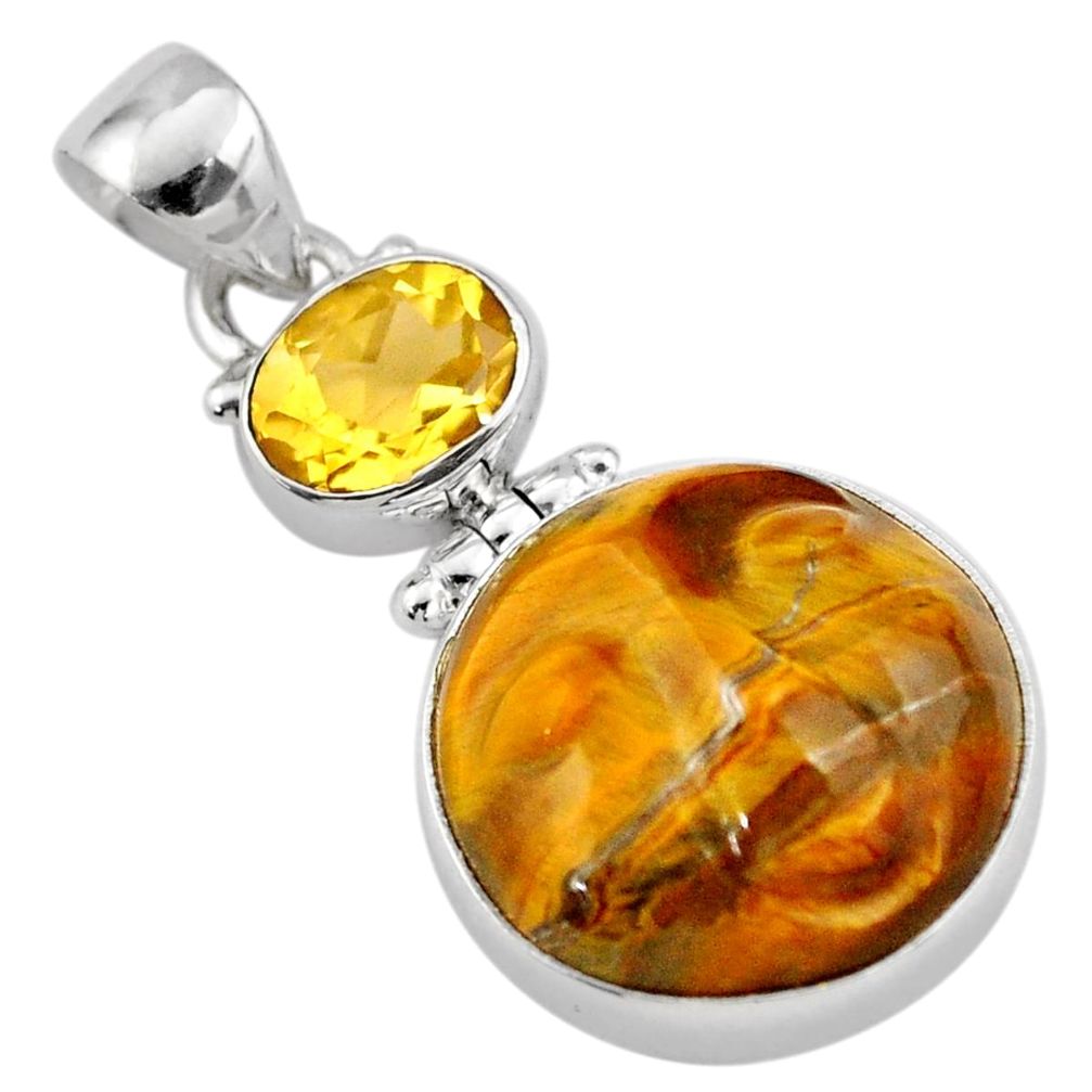 925 silver 19.45cts moon face natural carving tiger's eye citrine pendant t90404