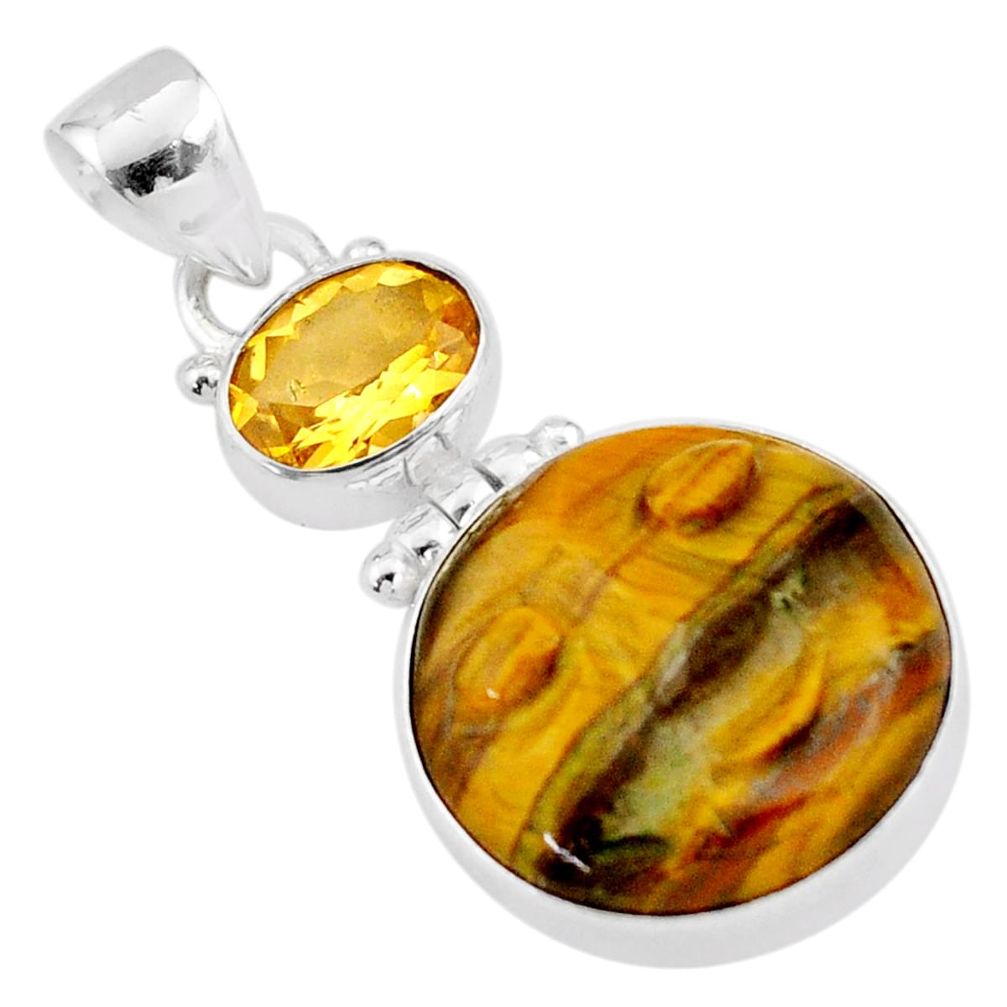 925 silver 18.36cts moon face natural carving tiger's eye citrine pendant t90415