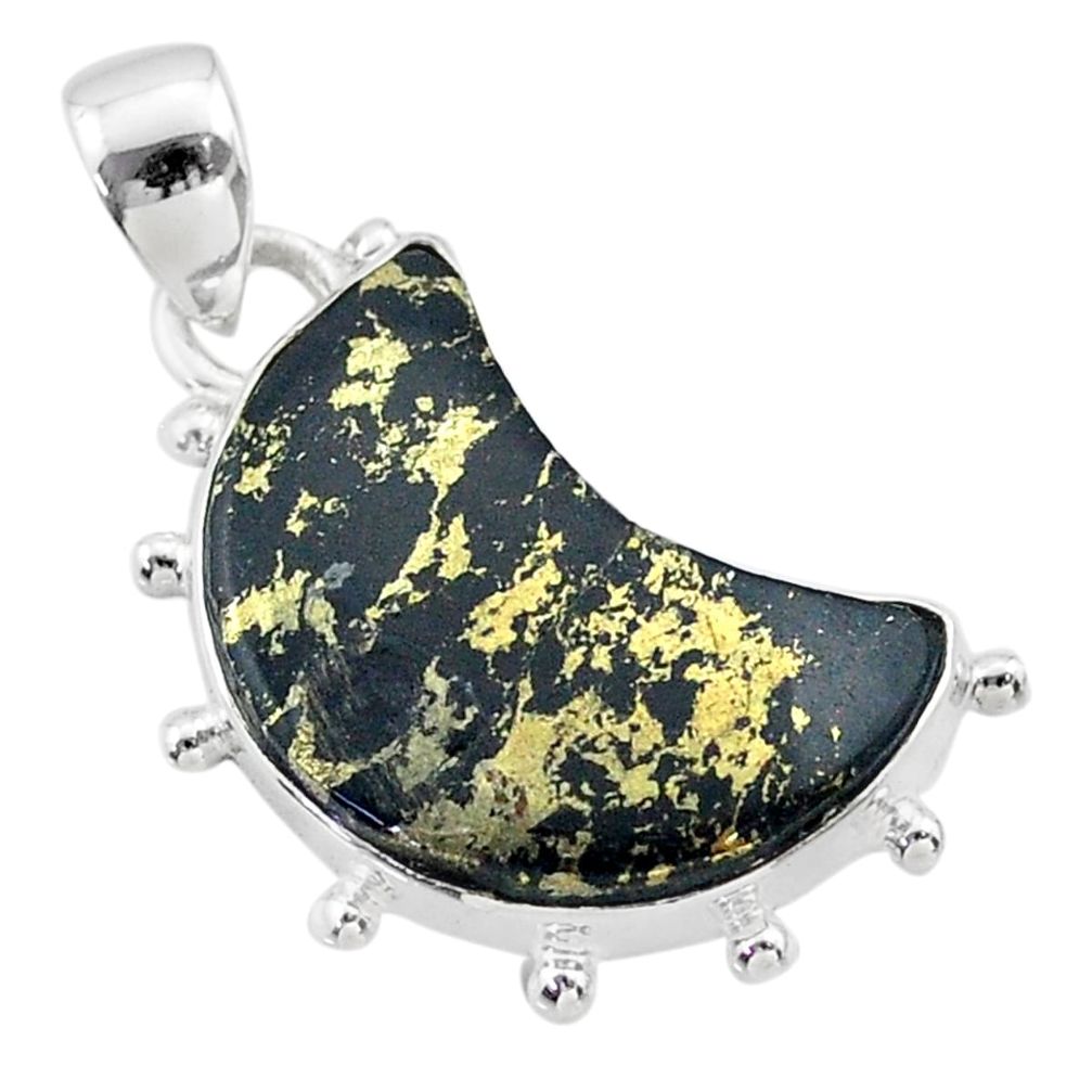925 silver 9.86cts moon natural golden pyrite in magnetite pendant t45744