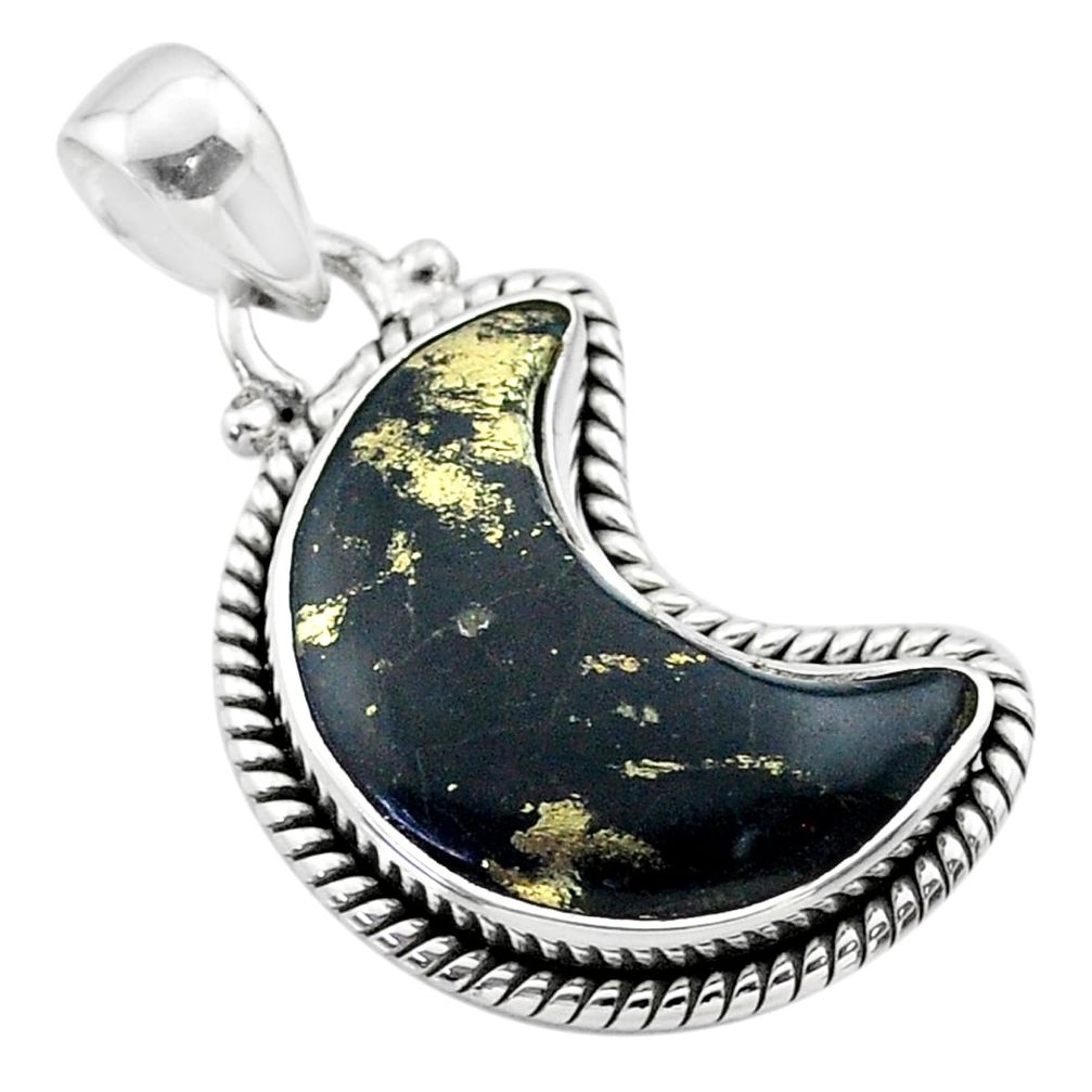 925 silver 10.24cts moon natural golden pyrite in magnetite pendant t45775