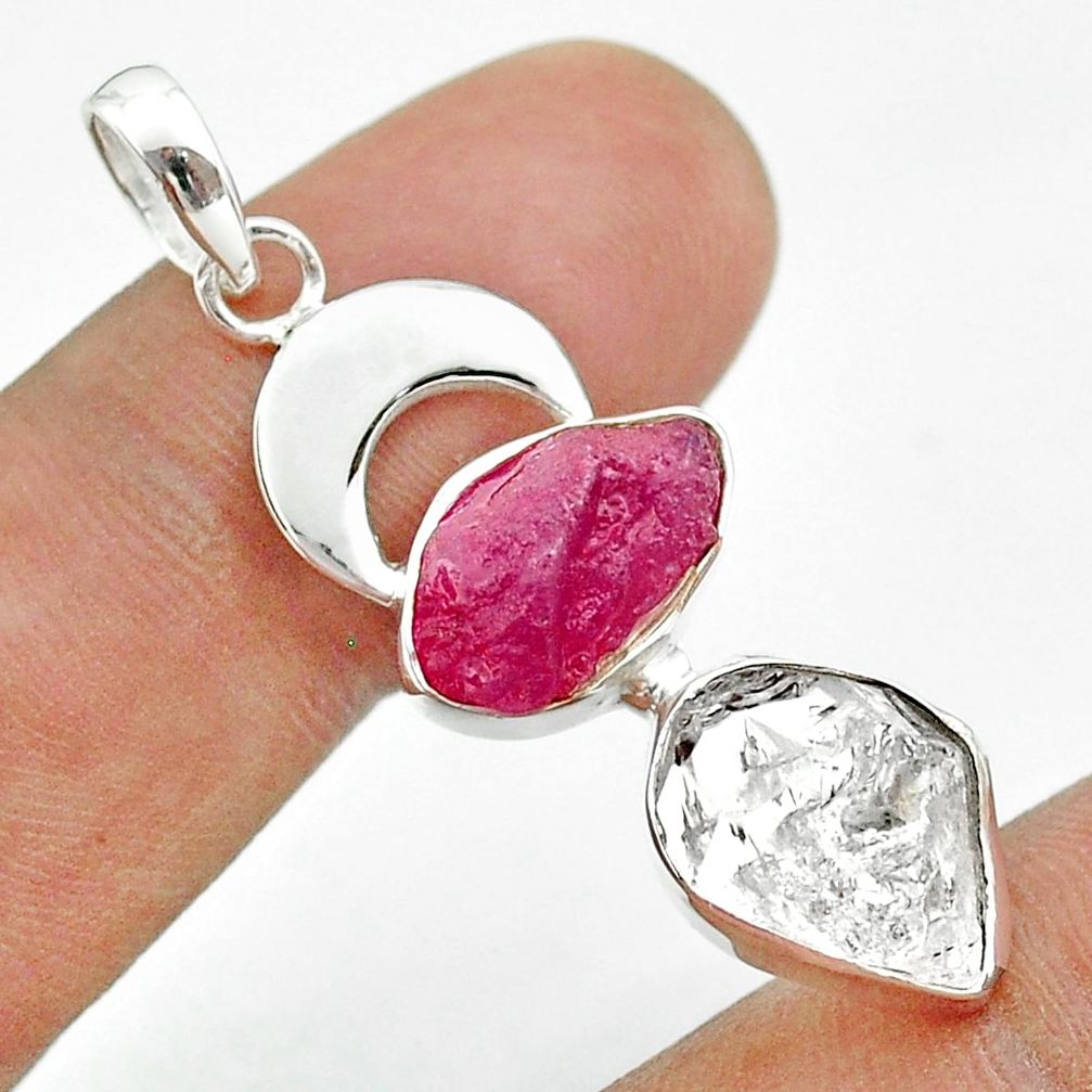 925 silver 12.43cts moon natural herkimer diamond ruby raw pendant t49448