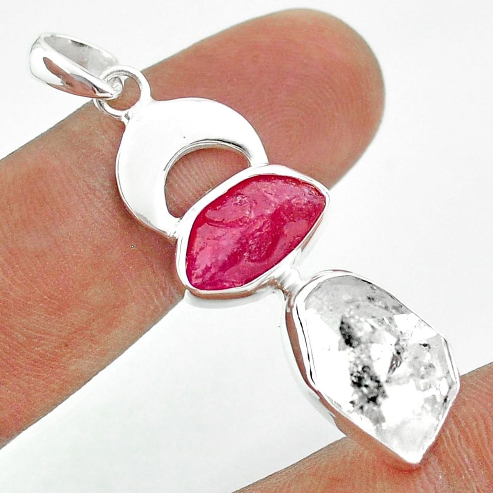 925 silver 13.27cts moon natural herkimer diamond ruby raw pendant t49450