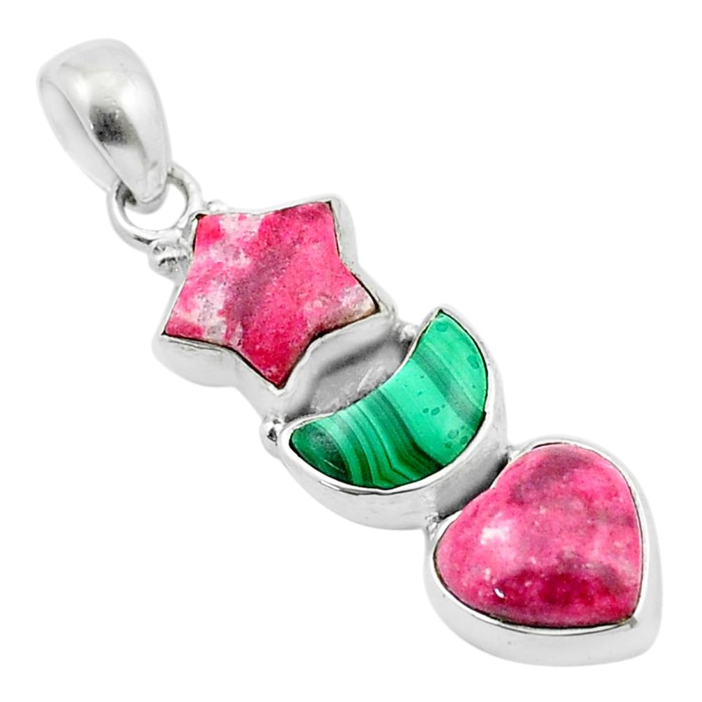 925 silver 13.35cts moon natural pink thulite malachite star fish pendant u37590