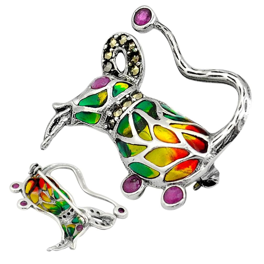 925 silver 1.00cts mouse natural ruby green yellow enamel brooch pendant c29457