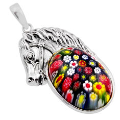 925 silver 23.78cts multi color italian murano glass oval horse pendant n20108