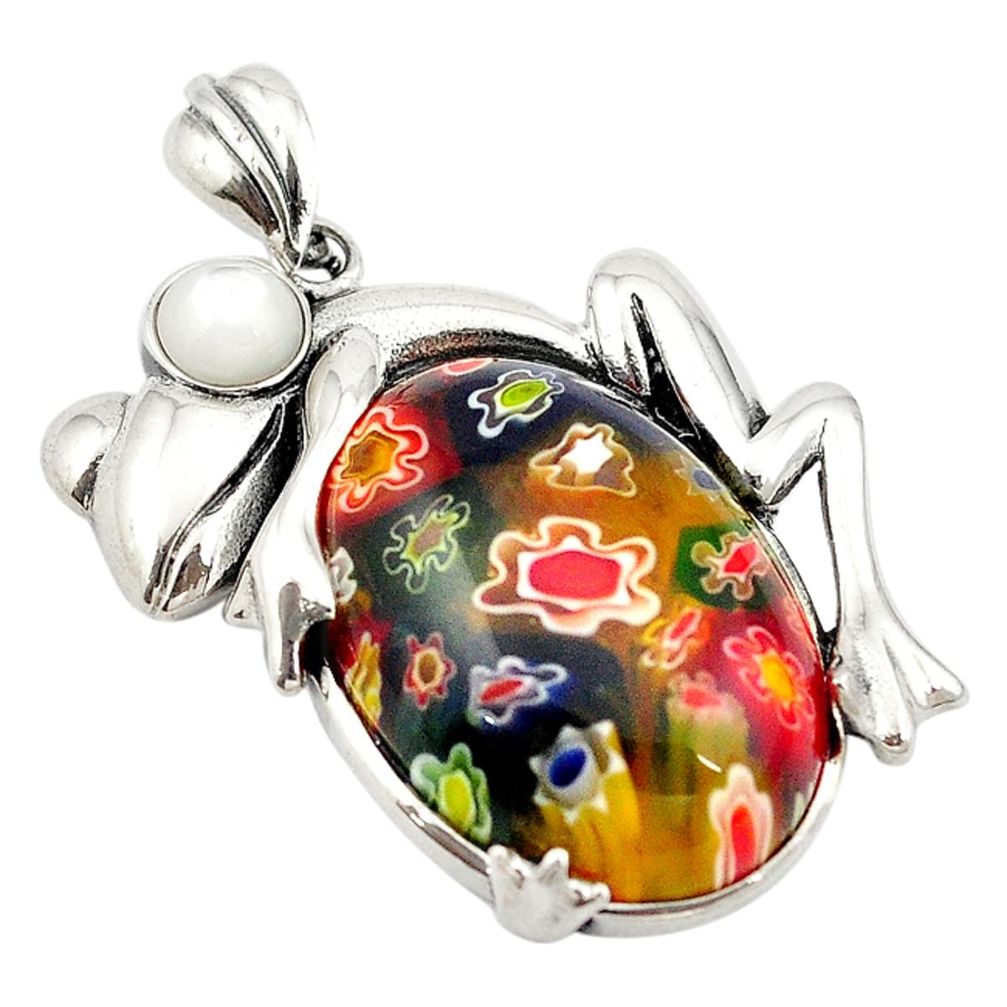 925 silver multi color italian murano glass white pearl frog pendant c21636