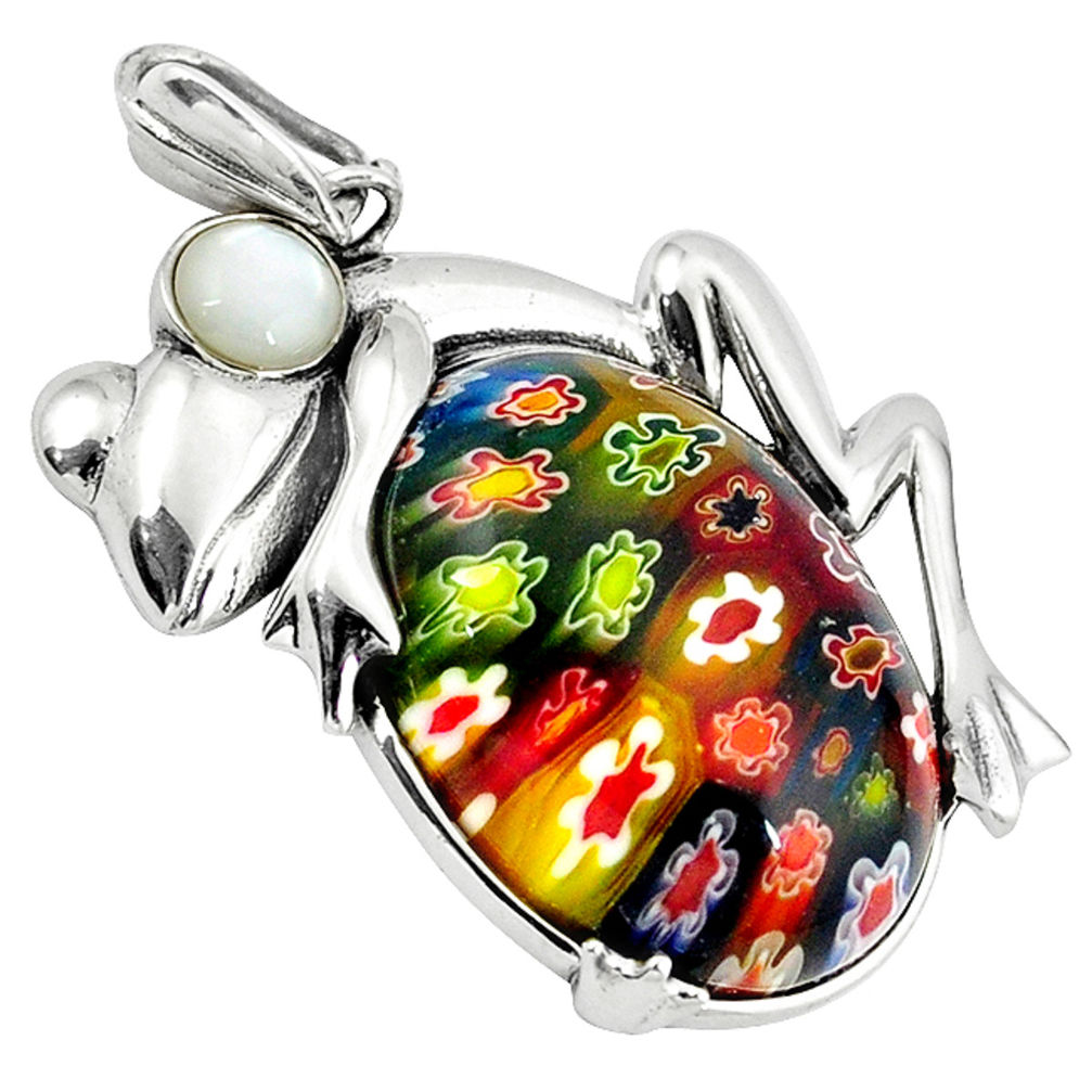 925 silver multi color italian murano glass white pearl frog pendant c22525