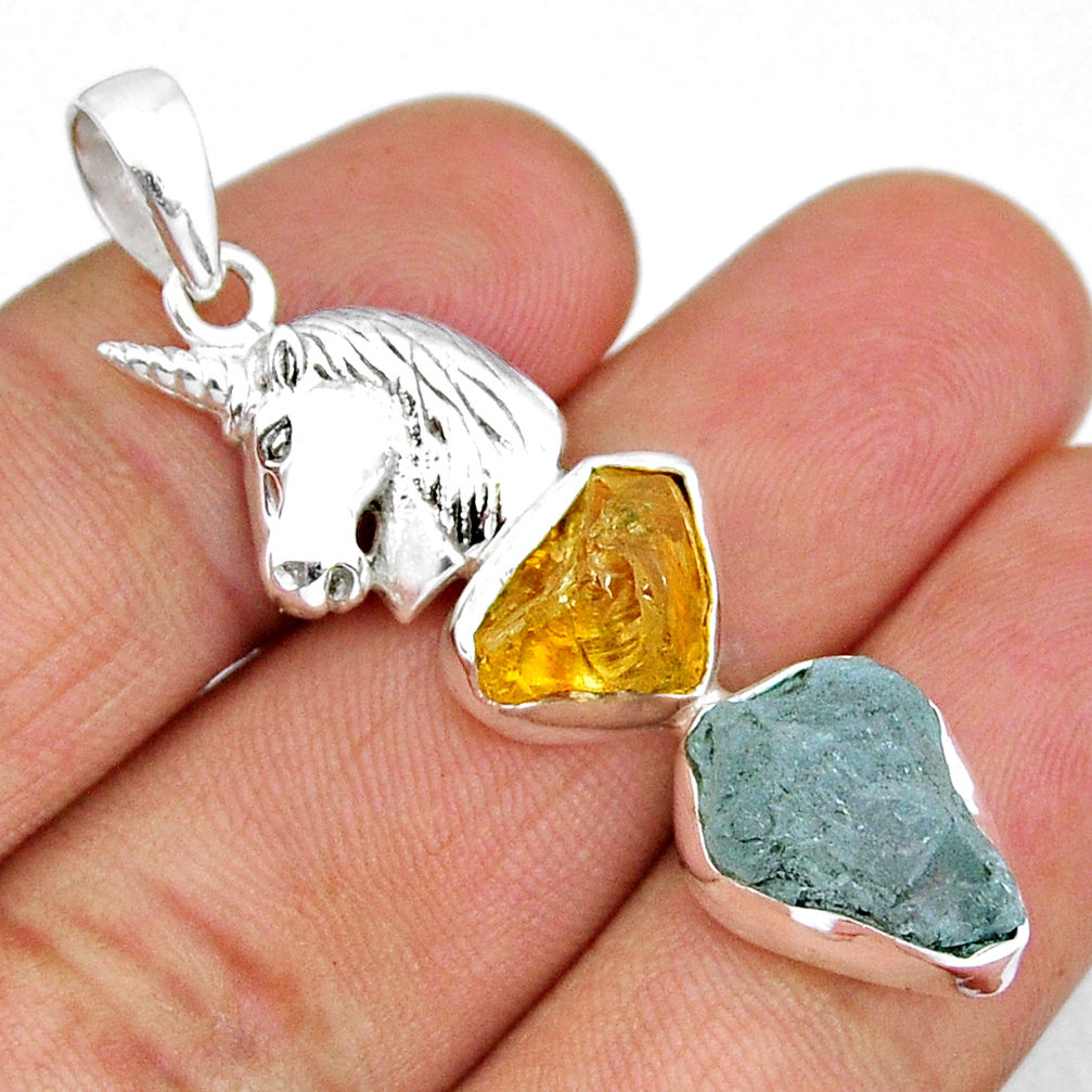 925 silver 12.72cts natural aqua aquamarine citrine rough horse pendant y7665