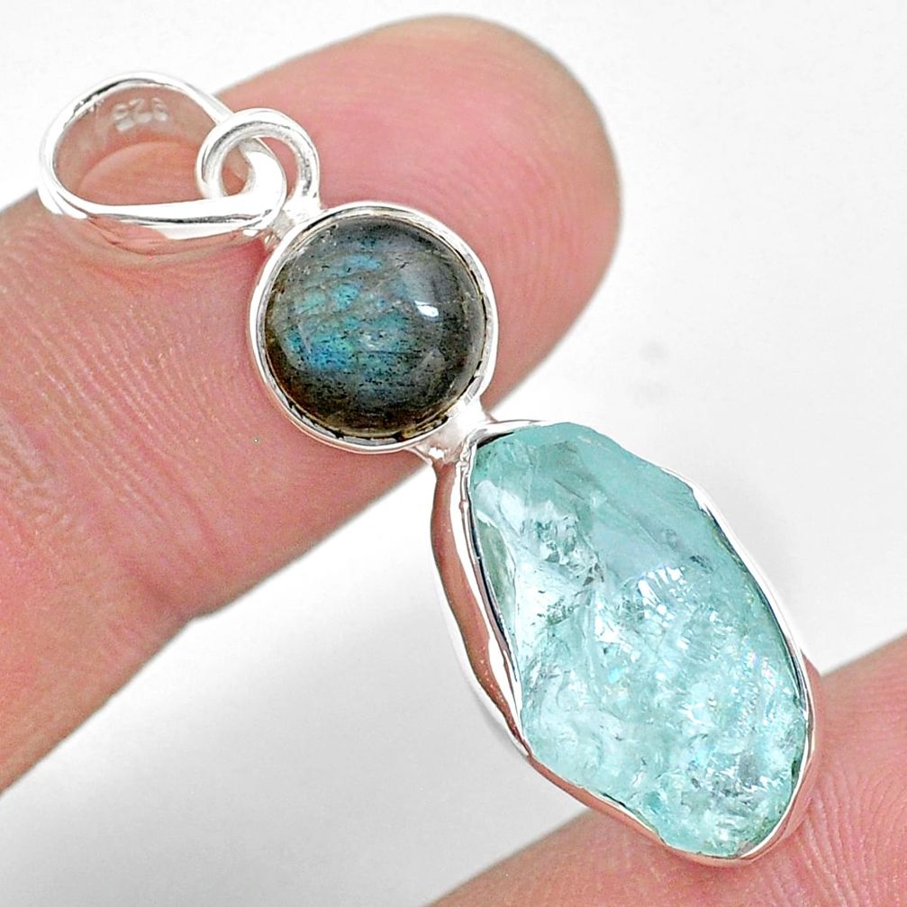 925 silver 9.61cts natural aqua aquamarine raw labradorite pendant t25517