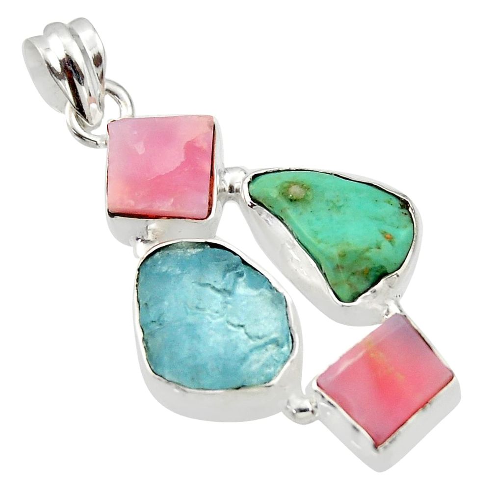 925 silver 18.94cts natural aqua aquamarine rough pink opal pendant r40304