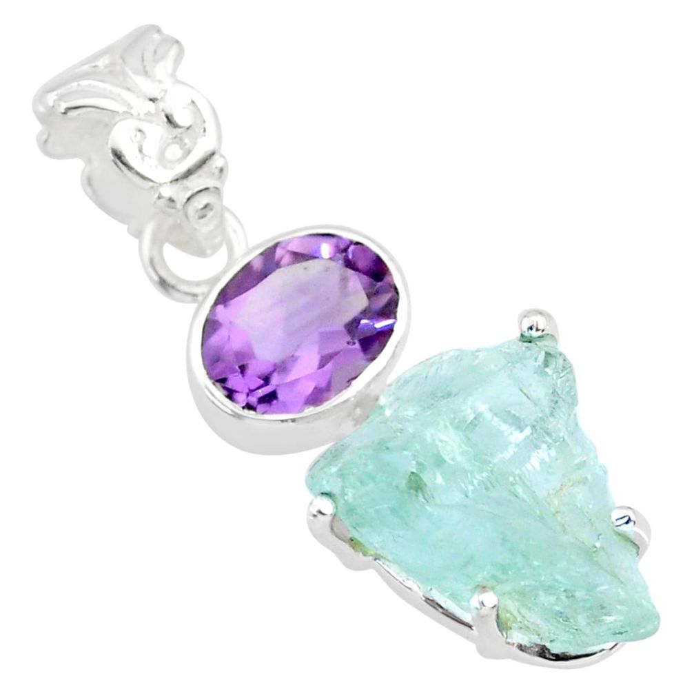 925 silver 11.65cts natural aqua aquamarine raw purple amethyst pendant r83110