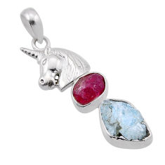 925 silver 9.04cts natural aqua aquamarine ruby rough fancy horse pendant n51516
