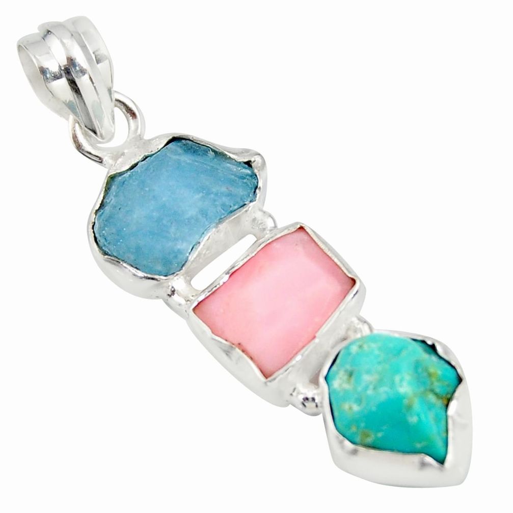925 silver 12.62cts natural aquamarine rough pink opal turquoise pendant r26864