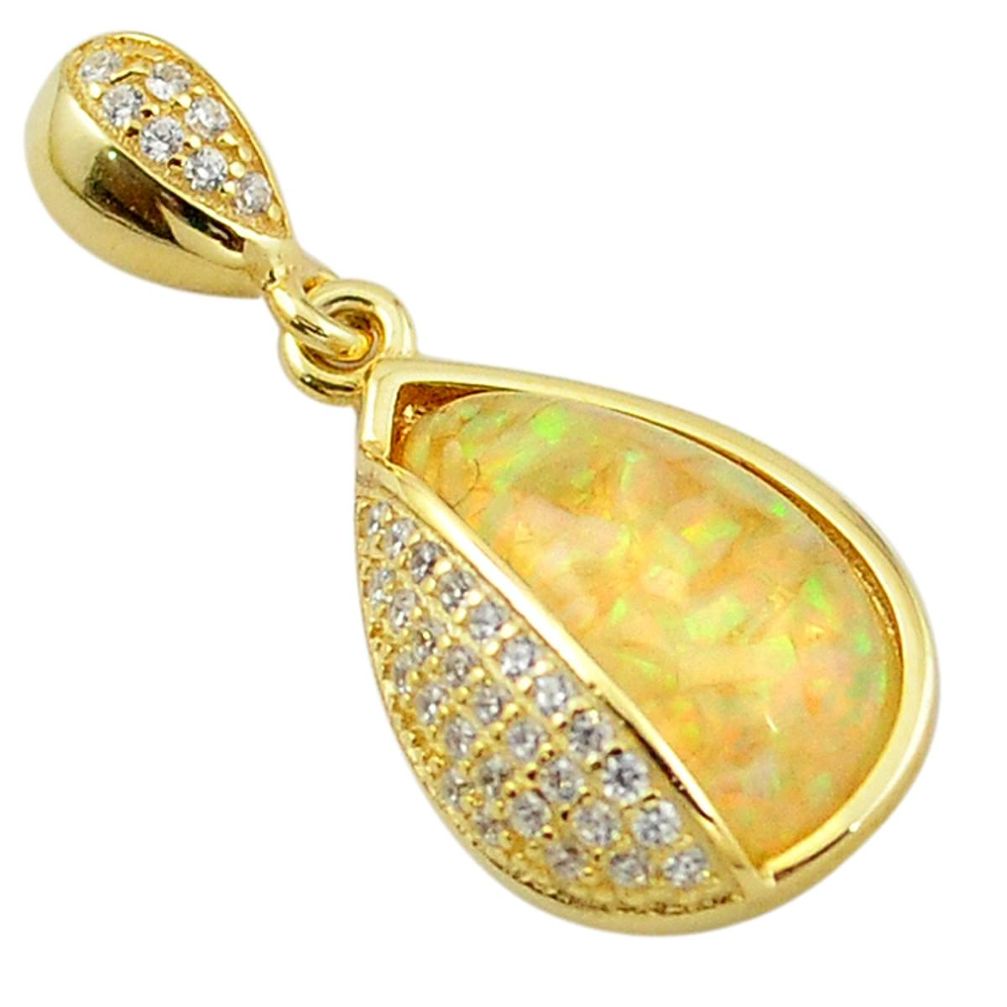 925 silver natural white australian opal (lab) topaz 14k gold pendant c15660