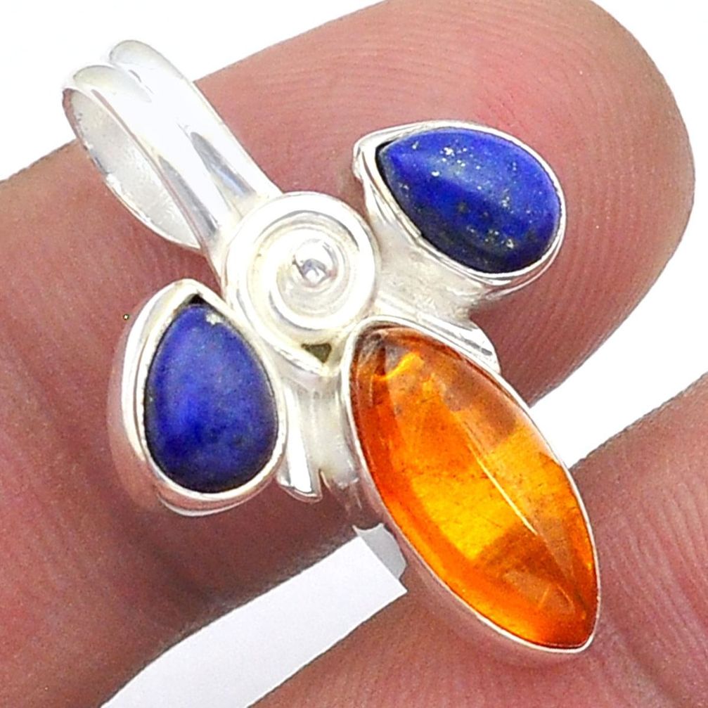 925 silver 5.45cts natural baltic amber (poland) lapis lazuli pendant u61528