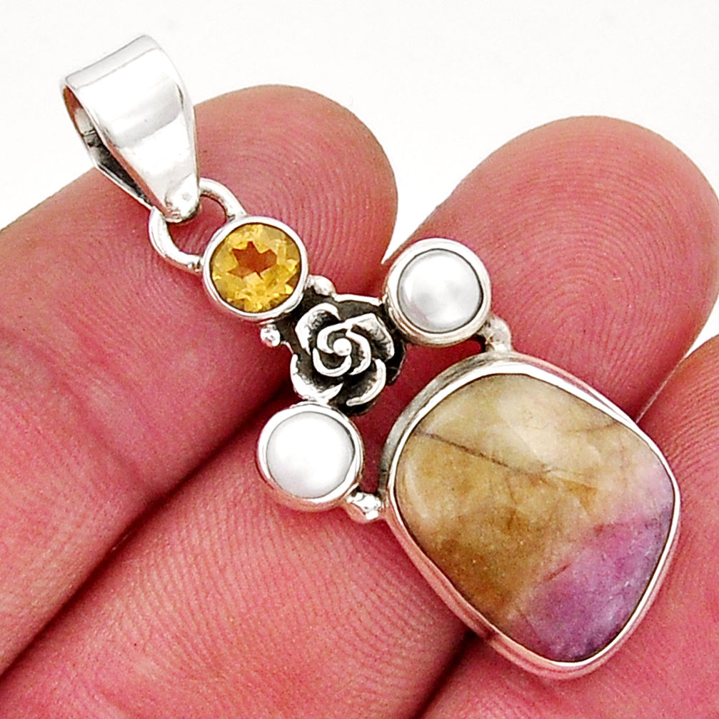 925 silver 13.69cts natural bio tourmaline citrine pearl flower pendant y20740