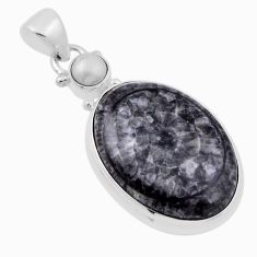 925 silver 15.02cts natural black colus fossil oval white pearl pendant n29353