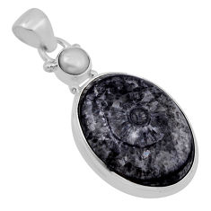 925 silver 13.51cts natural black colus fossil oval white pearl pendant n29358