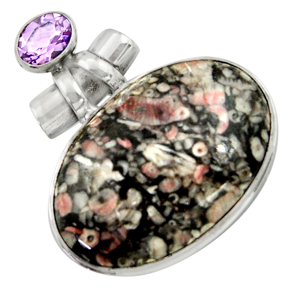 925 silver 33.70cts natural black crinoid fossil purple amethyst pendant r41651