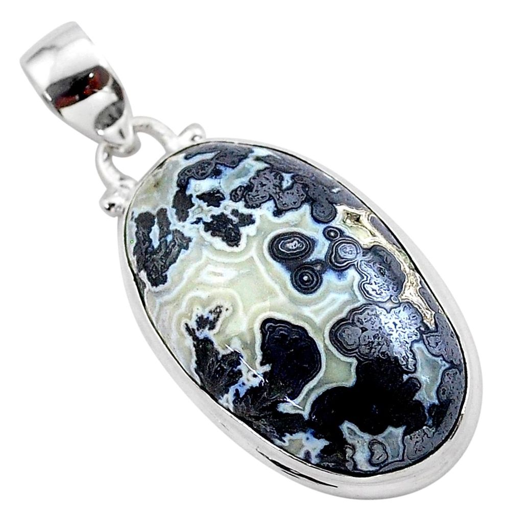 925 silver 18.68cts natural black feather medicine bow agate oval pendant t38650