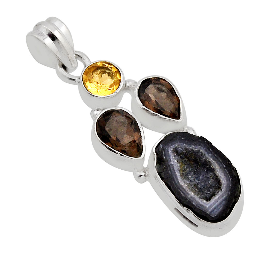 925 silver 14.72cts natural black geode druzy smoky topaz citrine pendant n13517