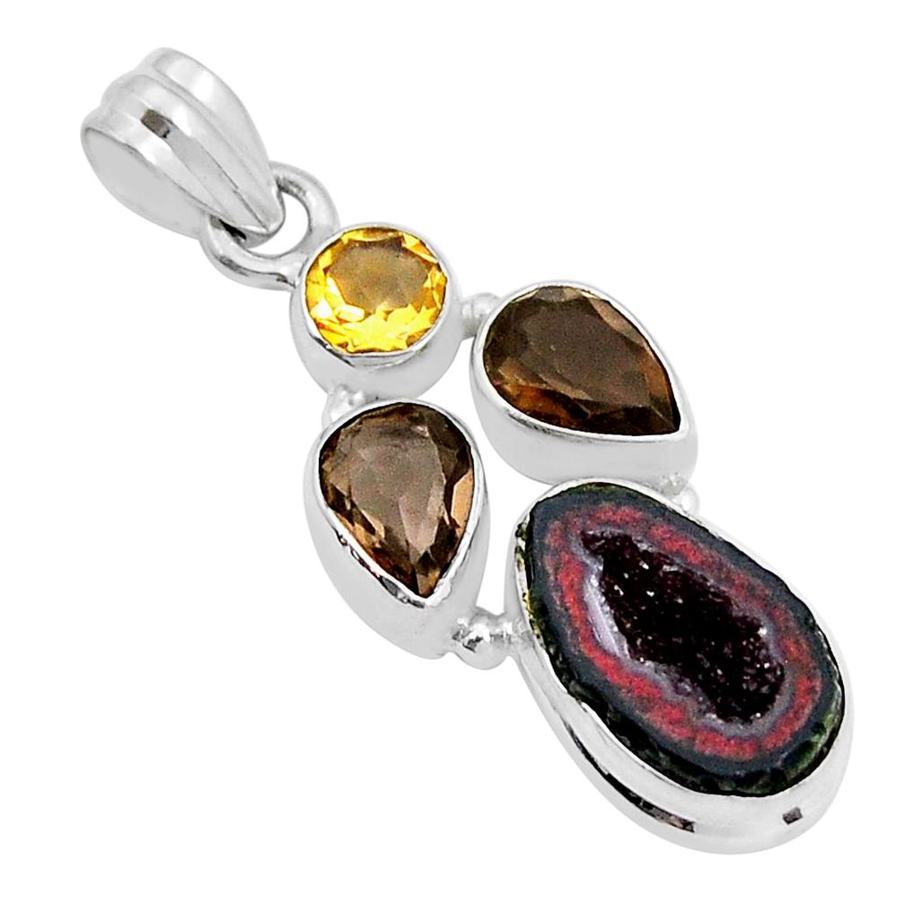 925 silver 11.66cts natural black geode druzy smoky topaz citrine pendant y5460