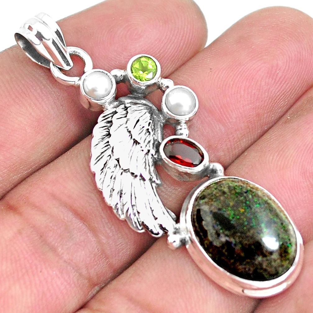 925 silver natural black honduran matrix opal garnet feather pendant p43108