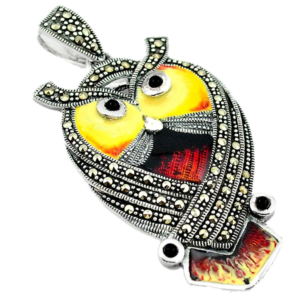 925 silver natural black onyx marcasite enamel owl pendant jewelry c16444