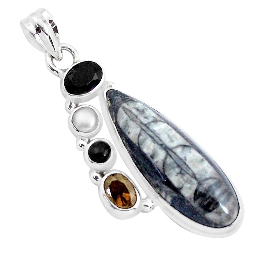 925 silver 19.25cts natural black orthoceras smoky topaz pearl pendant p37509