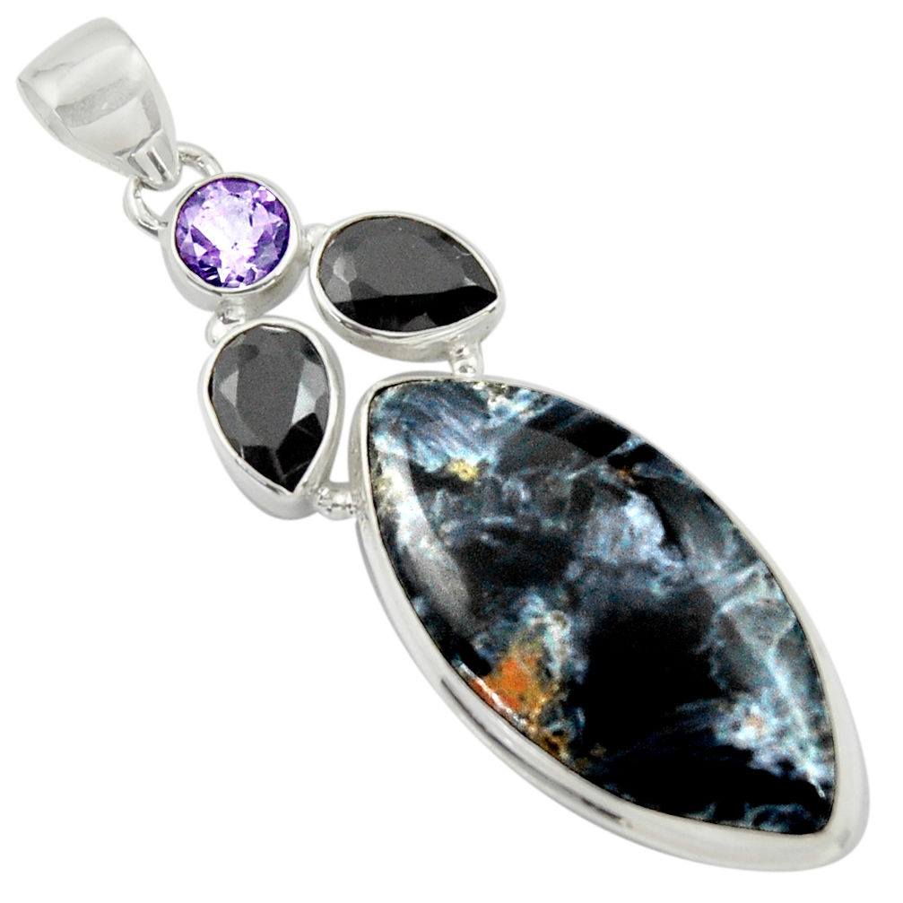 925 silver 25.00cts natural black pietersite (african) onyx pendant r39130