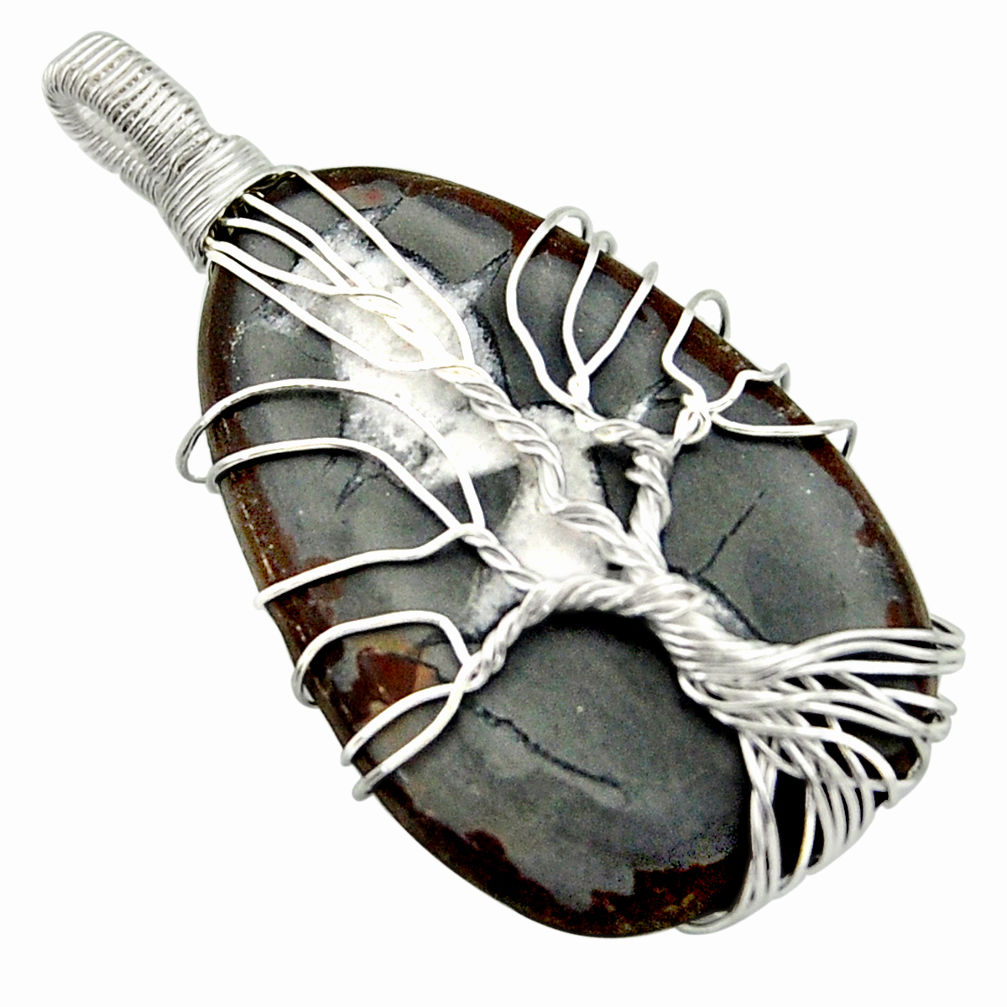 925 silver 30.16cts natural black septarian gonads tree of life pendant d47608