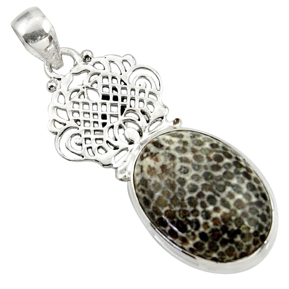 925 silver 20.86cts natural black stingray coral from alaska oval pendant d43173