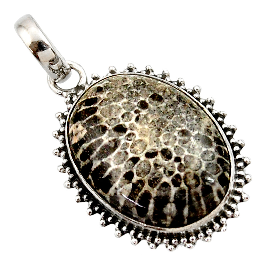 925 silver 18.15cts natural black stingray coral from alaska pendant r27964