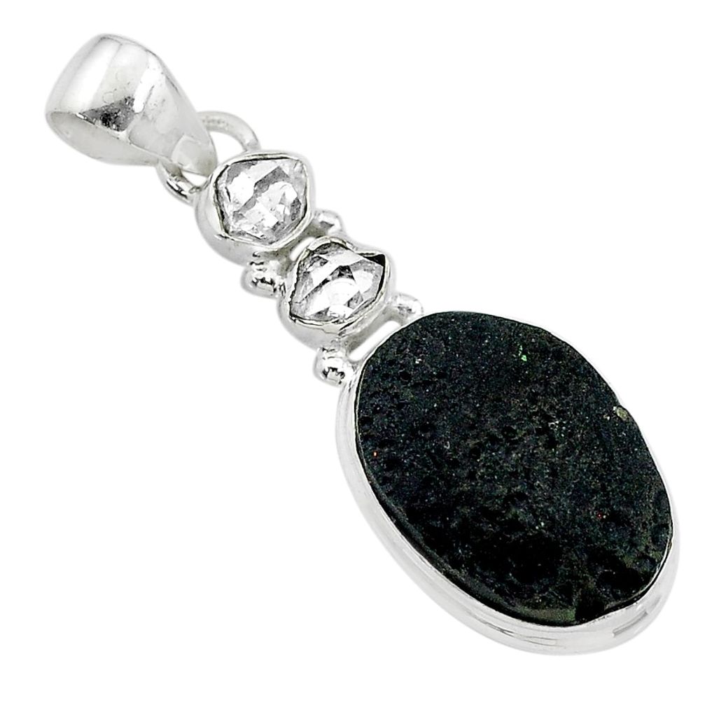 925 silver 12.60cts natural black tektite herkimer diamond fancy pendant t20646