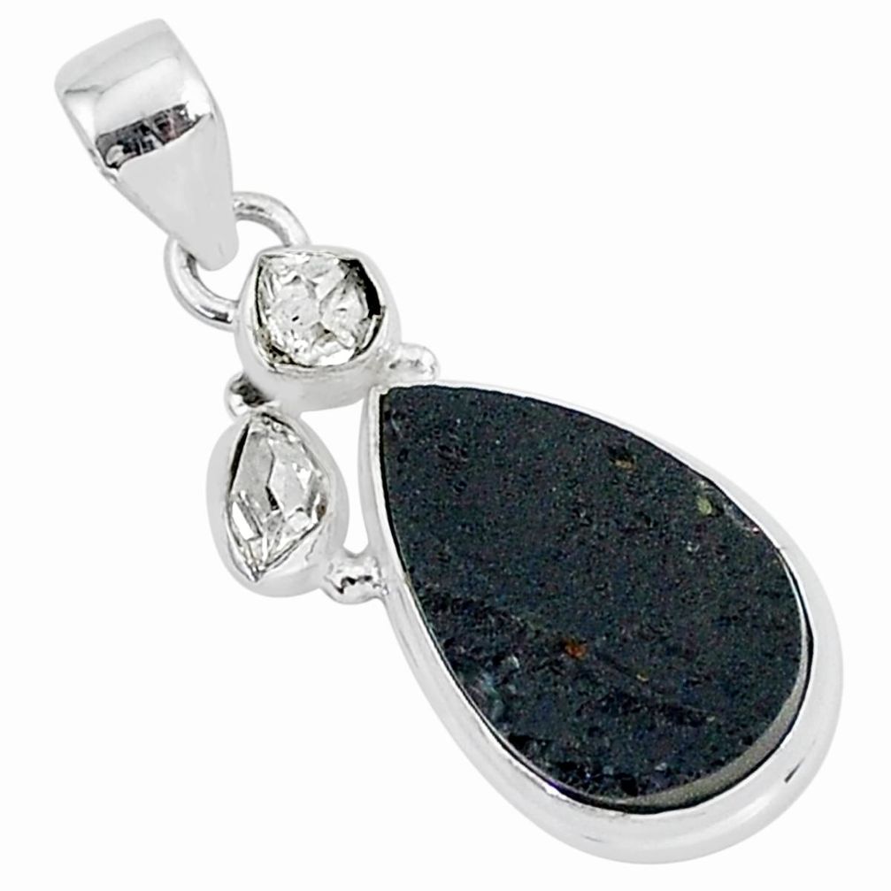 925 silver 12.15cts natural black tektite pear herkimer diamond pendant t1278