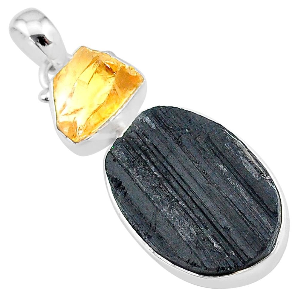 925 silver 16.55cts natural black tourmaline raw citrine rough pendant t9807