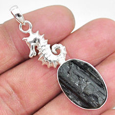925 silver 14.41cts natural black tourmaline raw oval seahorse pendant t9869